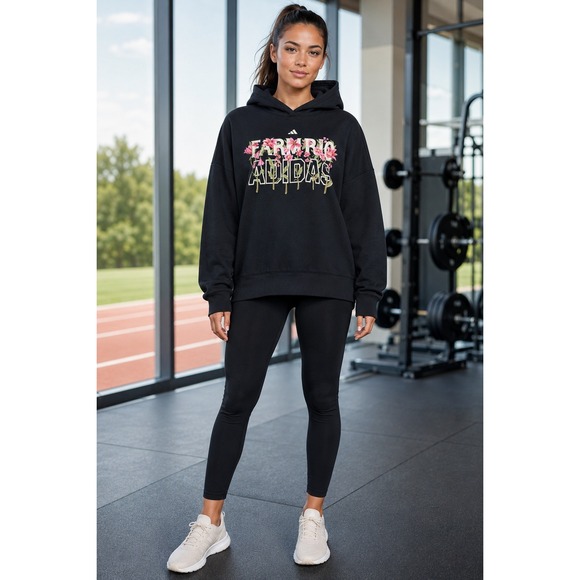 FARM Rio Tops - Adidas x Farm Rio Womens Floral Graphic Pullover Hoodie Black Oversized HI5235